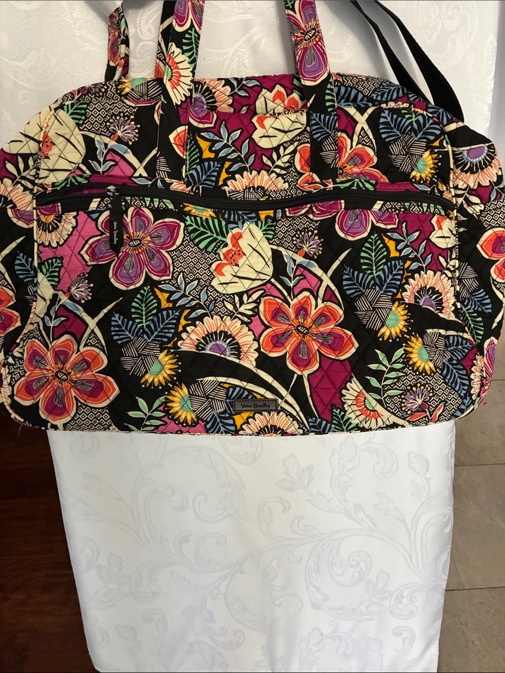 Vera Bradley Black Floral Quilted Travel Tote with Multicolor Blooms